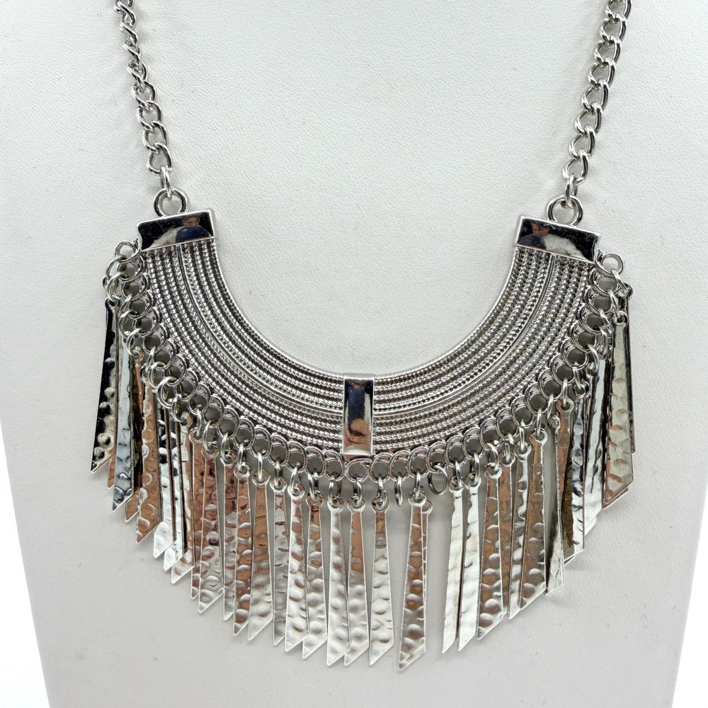Silver Tone Statement Fringe Bib Necklace Industrial Chic Modern Boho Jewelry